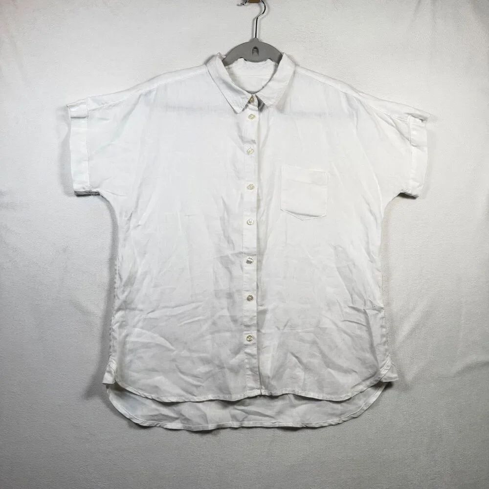 G.H. Bass Womens Linen Button Down Shirt L White Short Sleeve Hi Low Pocket